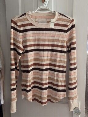 aerie Ribbed Long-Sleeve Striped Tee in Pink, Brown & Cream